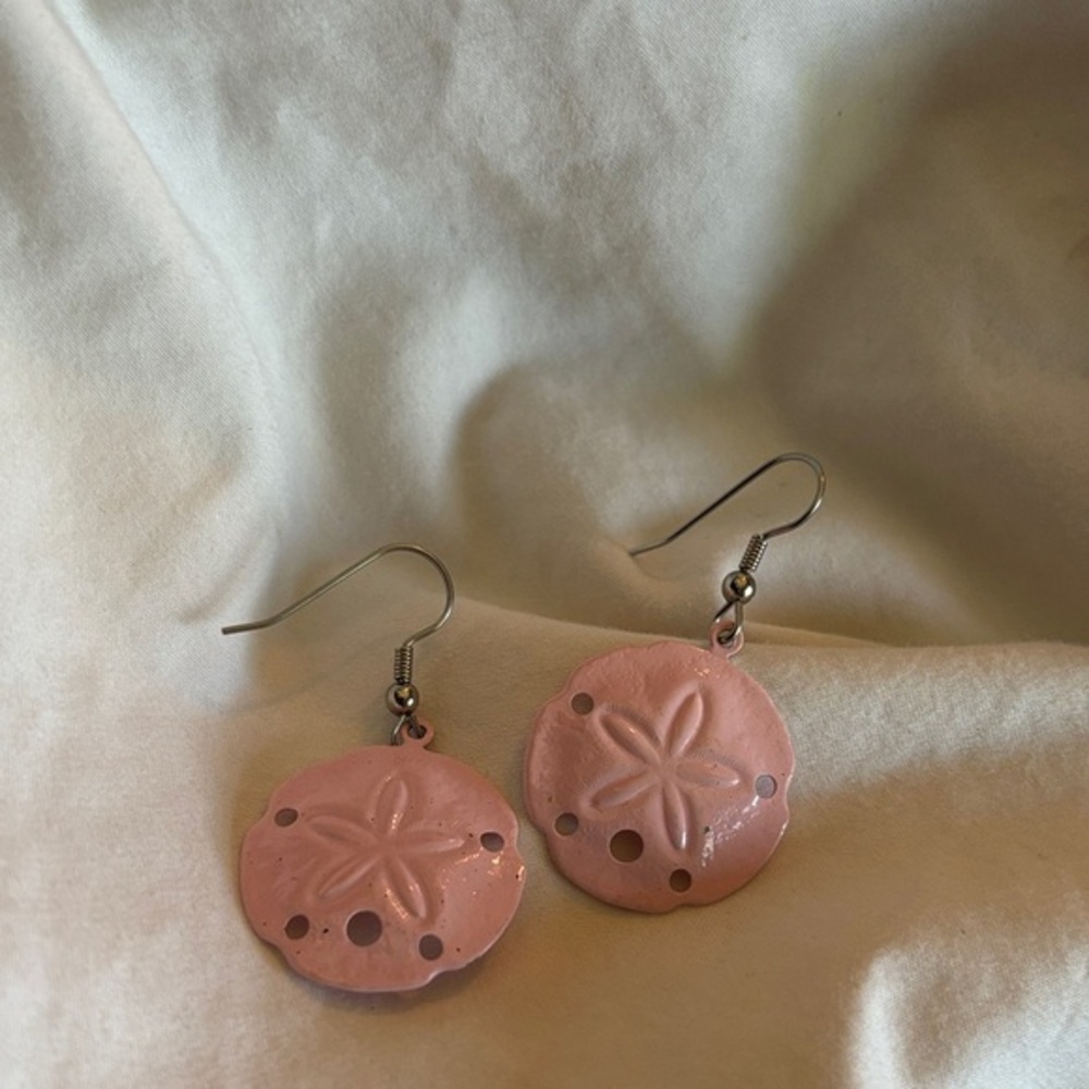Pink  and silver round textured Sand Dollar dangle Earrings